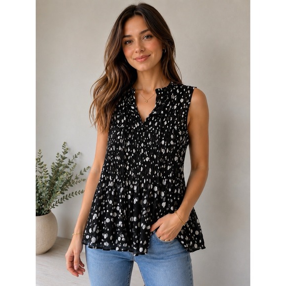 Rose + Olive Tops - Women's Polka Dot Black w/White Top XS Whimsical Smocked Flowing Semi Sheer